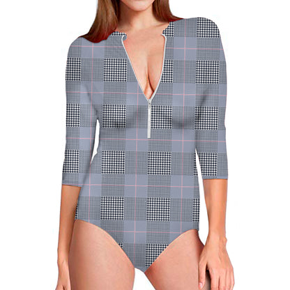 Navy Blue Prince of Wales Check Print Long Sleeve Swimsuit