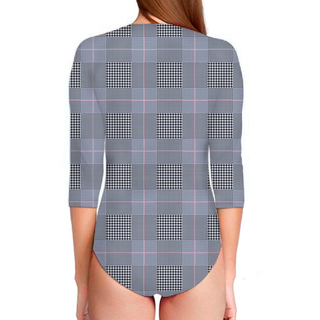 Navy Blue Prince of Wales Check Print Long Sleeve Swimsuit