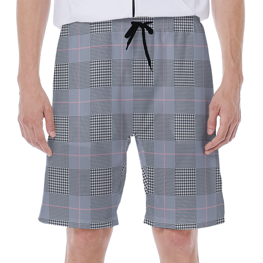 Navy Blue Prince of Wales Check Print Men's Beach Shorts