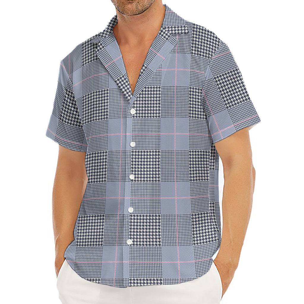 Navy Blue Prince of Wales Check Print Men's Deep V-Neck Shirt