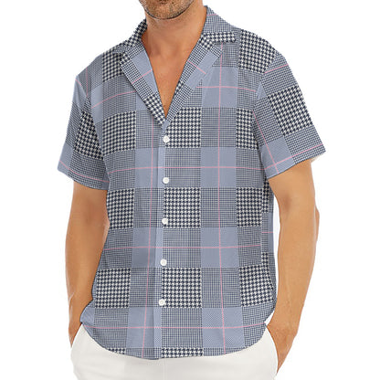 Navy Blue Prince of Wales Check Print Men's Deep V-Neck Shirt