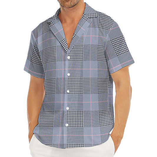 Navy Blue Prince of Wales Check Print Men's Deep V-Neck Shirt