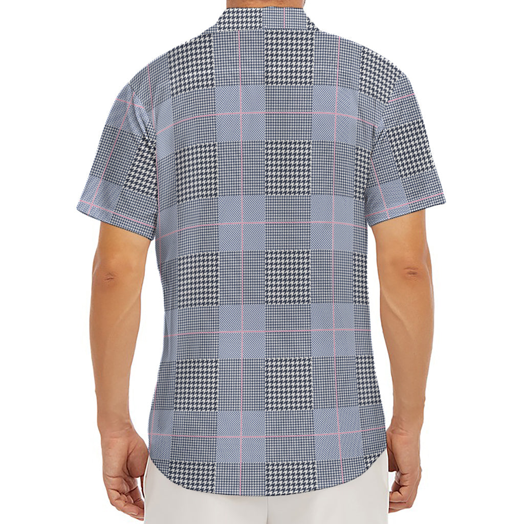 Navy Blue Prince of Wales Check Print Men's Deep V-Neck Shirt