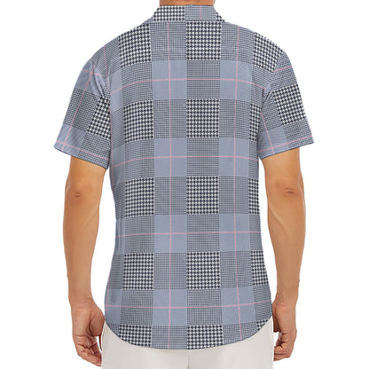 Navy Blue Prince of Wales Check Print Men's Deep V-Neck Shirt