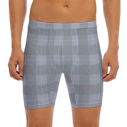 Navy Blue Prince of Wales Check Print Men's Long Boxer Briefs