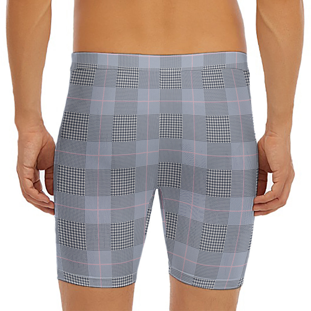 Navy Blue Prince of Wales Check Print Men's Long Boxer Briefs