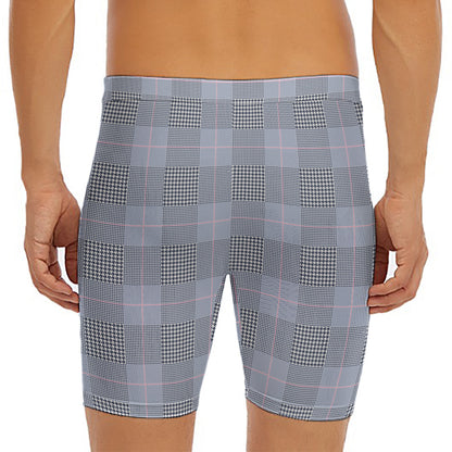Navy Blue Prince of Wales Check Print Men's Long Boxer Briefs