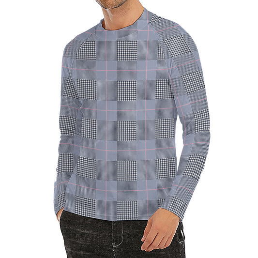 Navy Blue Prince of Wales Check Print Men's Long Sleeve Rash Guard