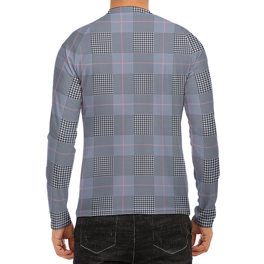 Navy Blue Prince of Wales Check Print Men's Long Sleeve Rash Guard