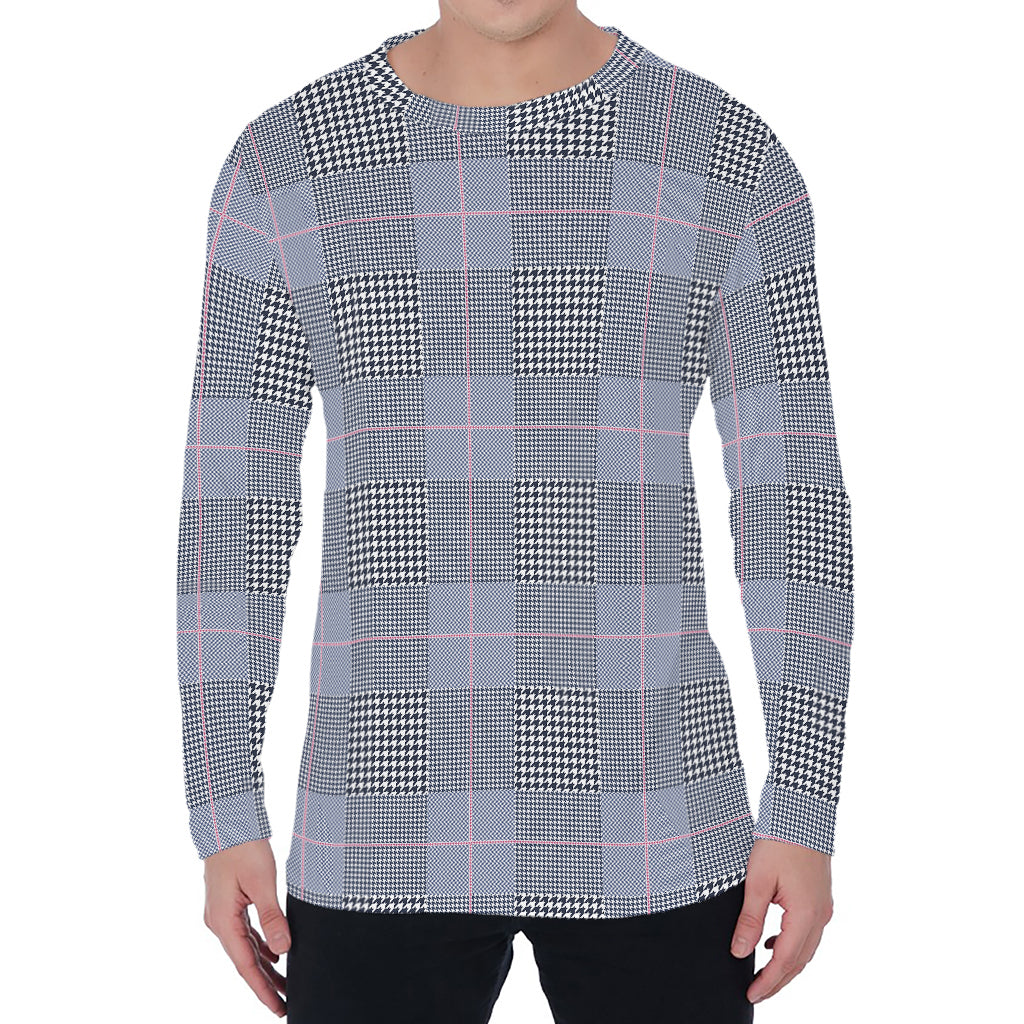 Navy Blue Prince of Wales Check Print Men's Long Sleeve T-Shirt
