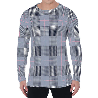 Navy Blue Prince of Wales Check Print Men's Long Sleeve T-Shirt