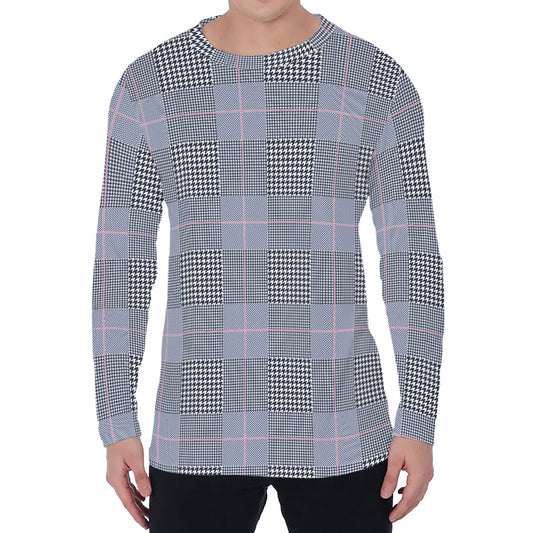Navy Blue Prince of Wales Check Print Men's Long Sleeve T-Shirt