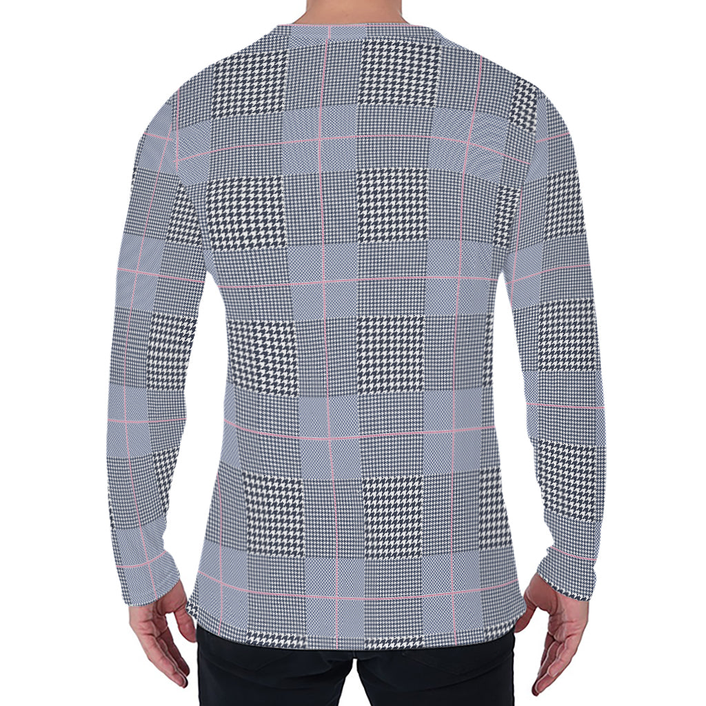 Navy Blue Prince of Wales Check Print Men's Long Sleeve T-Shirt