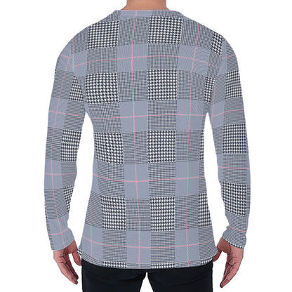 Navy Blue Prince of Wales Check Print Men's Long Sleeve T-Shirt