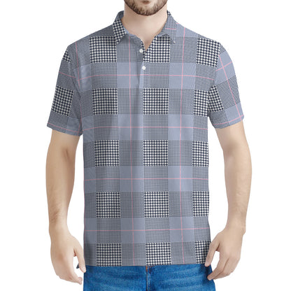Navy Blue Prince of Wales Check Print Men's Polo Shirt