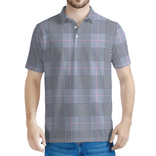 Navy Blue Prince of Wales Check Print Men's Polo Shirt