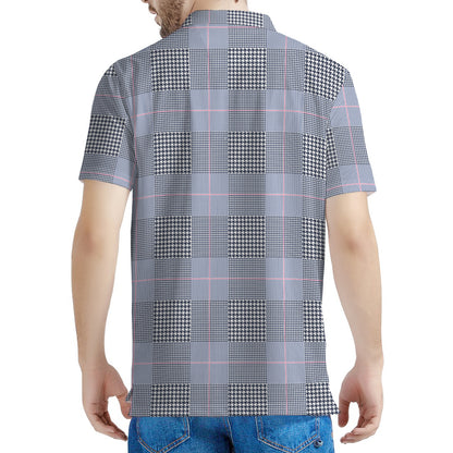 Navy Blue Prince of Wales Check Print Men's Polo Shirt