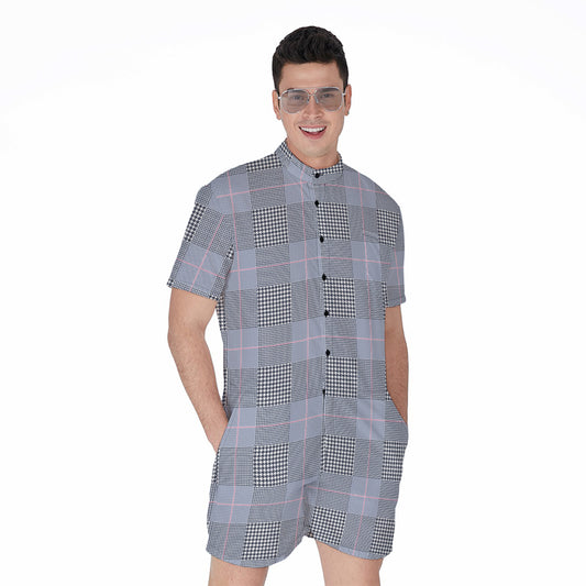 Navy Blue Prince of Wales Check Print Men's Rompers