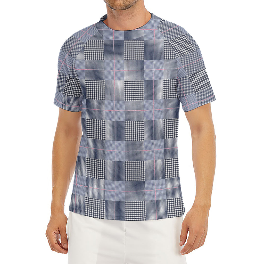 Navy Blue Prince of Wales Check Print Men's Short Sleeve Rash Guard