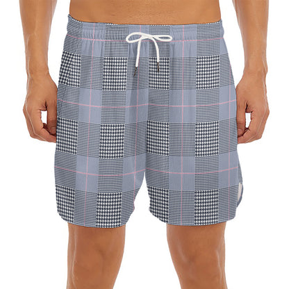 Navy Blue Prince of Wales Check Print Men's Split Running Shorts