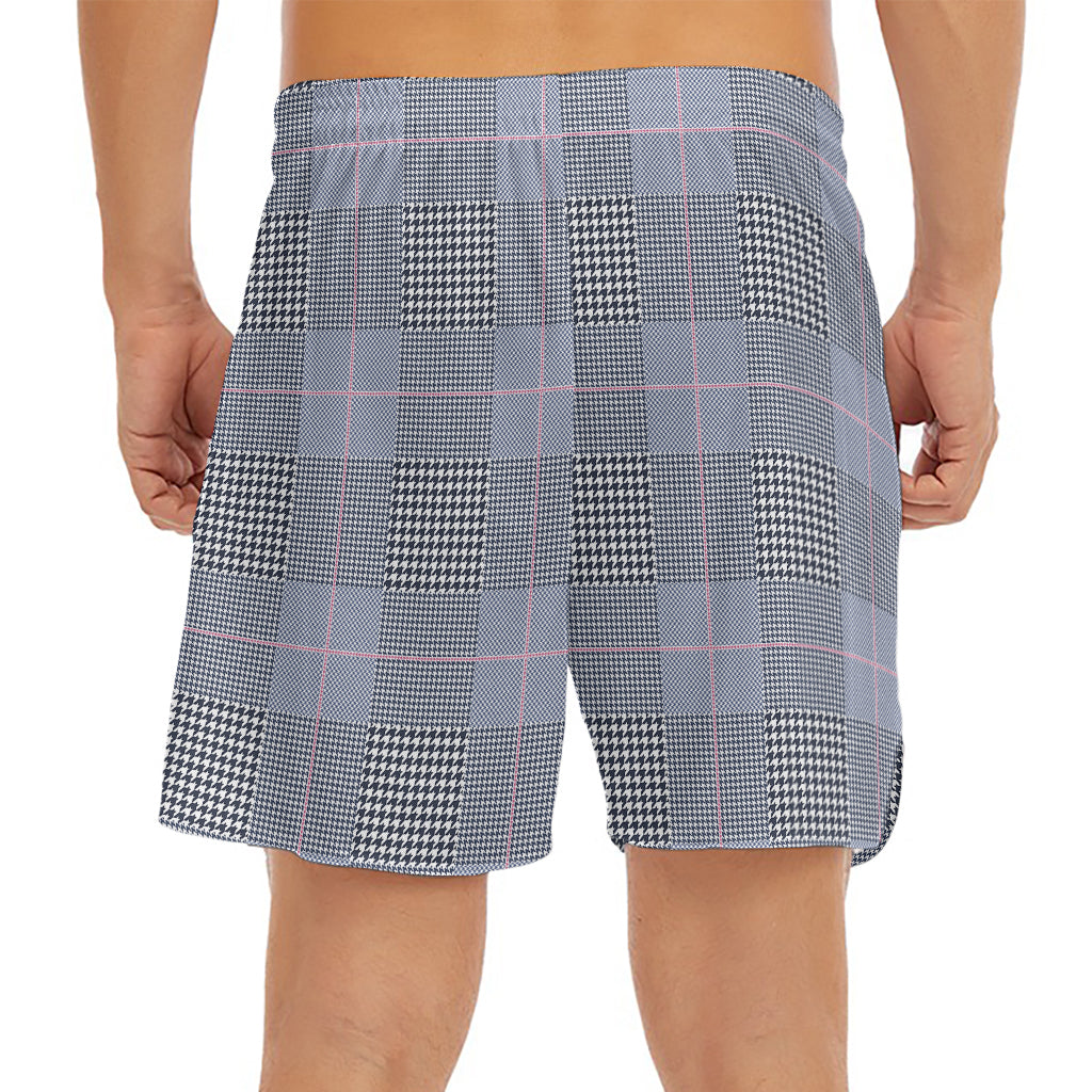 Navy Blue Prince of Wales Check Print Men's Split Running Shorts