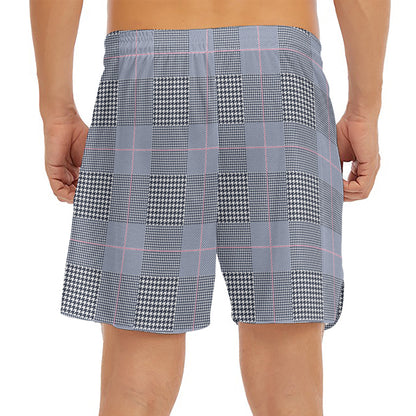 Navy Blue Prince of Wales Check Print Men's Split Running Shorts