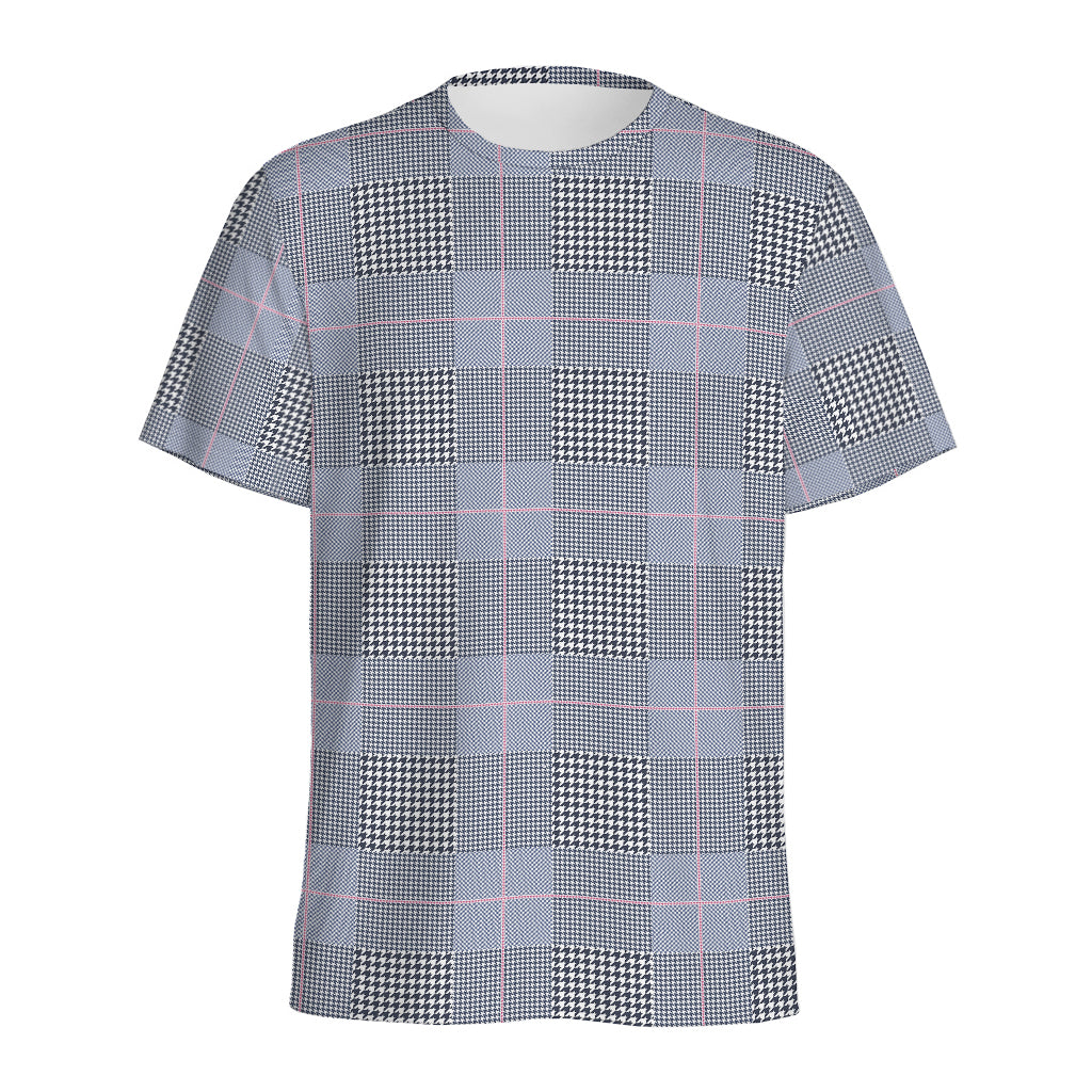 Navy Blue Prince of Wales Check Print Men's Sports T-Shirt