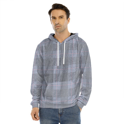 Navy Blue Prince of Wales Check Print Men's Velvet Pullover Hoodie