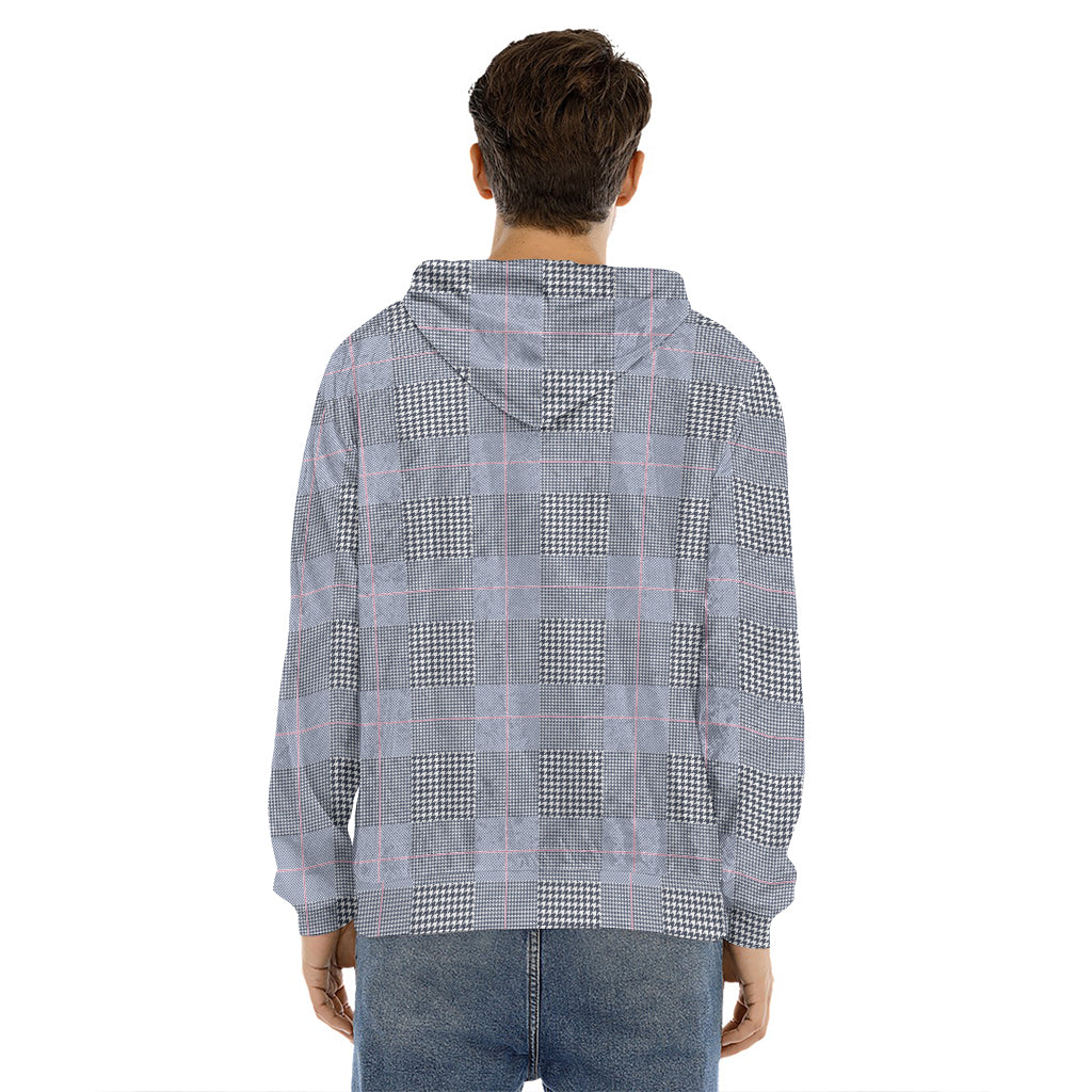 Navy Blue Prince of Wales Check Print Men's Velvet Pullover Hoodie
