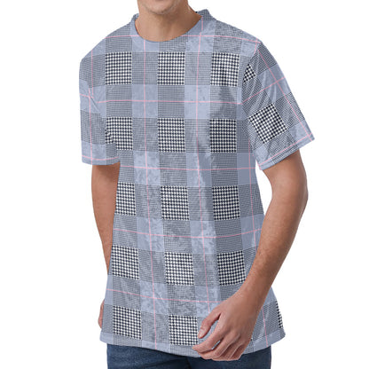 Navy Blue Prince of Wales Check Print Men's Velvet T-Shirt