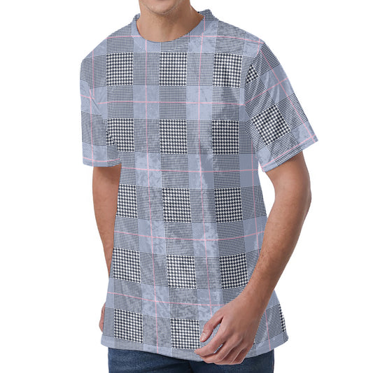 Navy Blue Prince of Wales Check Print Men's Velvet T-Shirt
