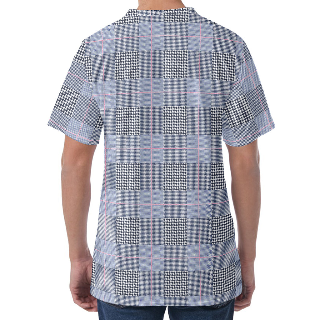 Navy Blue Prince of Wales Check Print Men's Velvet T-Shirt