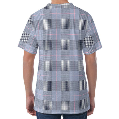 Navy Blue Prince of Wales Check Print Men's Velvet T-Shirt