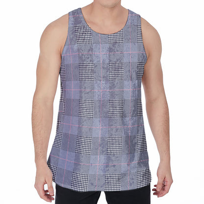 Navy Blue Prince of Wales Check Print Men's Velvet Tank Top