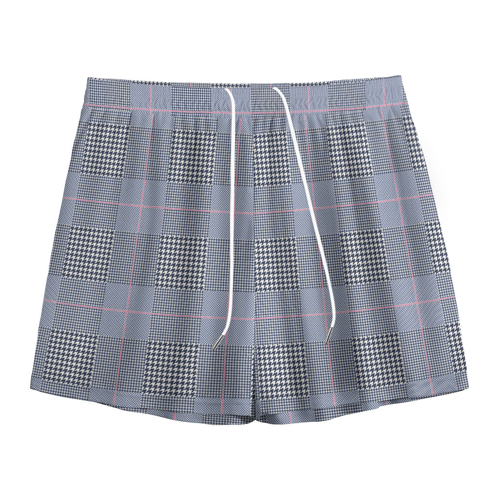 Navy Blue Prince of Wales Check Print Mesh Shorts