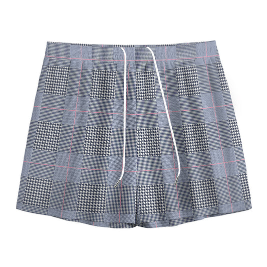 Navy Blue Prince of Wales Check Print Mesh Shorts