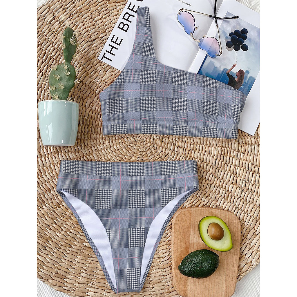 Navy Blue Prince of Wales Check Print One Shoulder Bikini Top