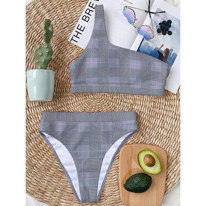 Navy Blue Prince of Wales Check Print One Shoulder Bikini Top