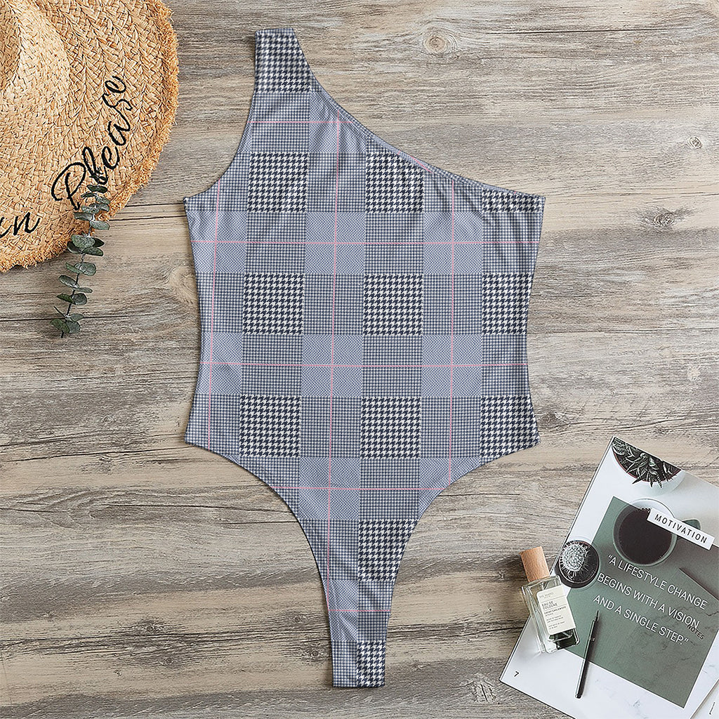 Navy Blue Prince of Wales Check Print One Shoulder Bodysuit