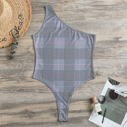 Navy Blue Prince of Wales Check Print One Shoulder Bodysuit