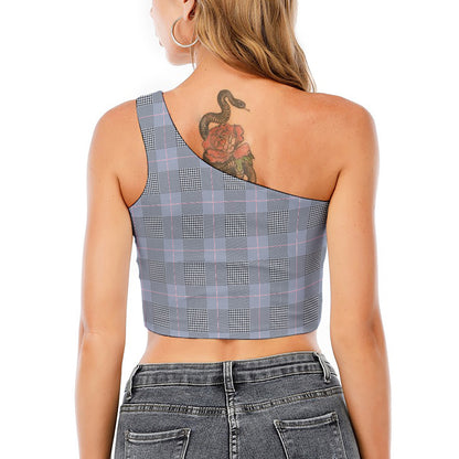 Navy Blue Prince of Wales Check Print One Shoulder Crop Top