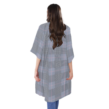 Navy Blue Prince of Wales Check Print Open Front Beach Cover Up