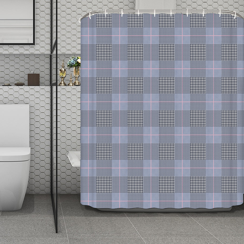 Navy Blue Prince of Wales Check Print Polyester Shower Curtain