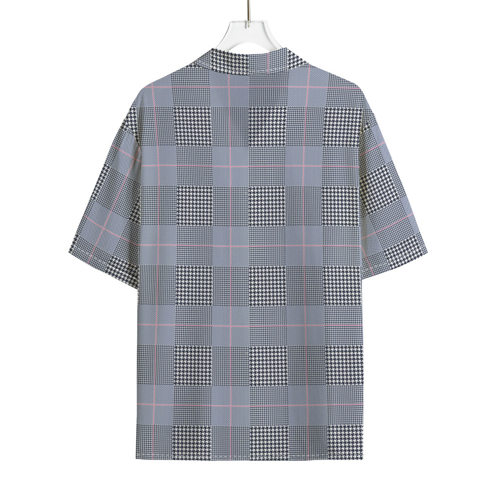Navy Blue Prince of Wales Check Print Rayon Hawaiian Shirt