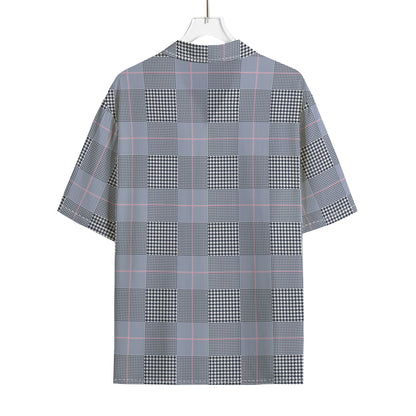 Navy Blue Prince of Wales Check Print Rayon Hawaiian Shirt