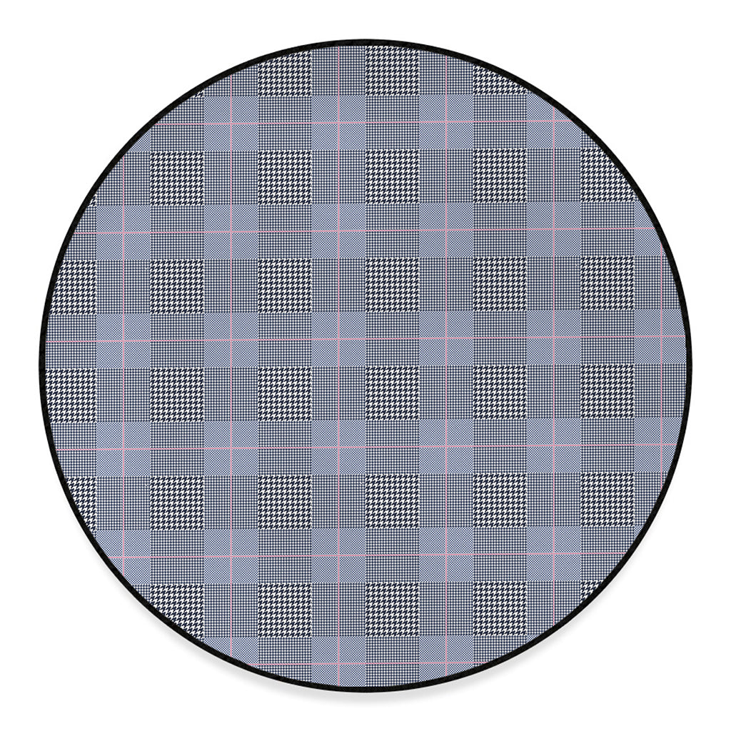 Navy Blue Prince of Wales Check Print Round Floor Mat