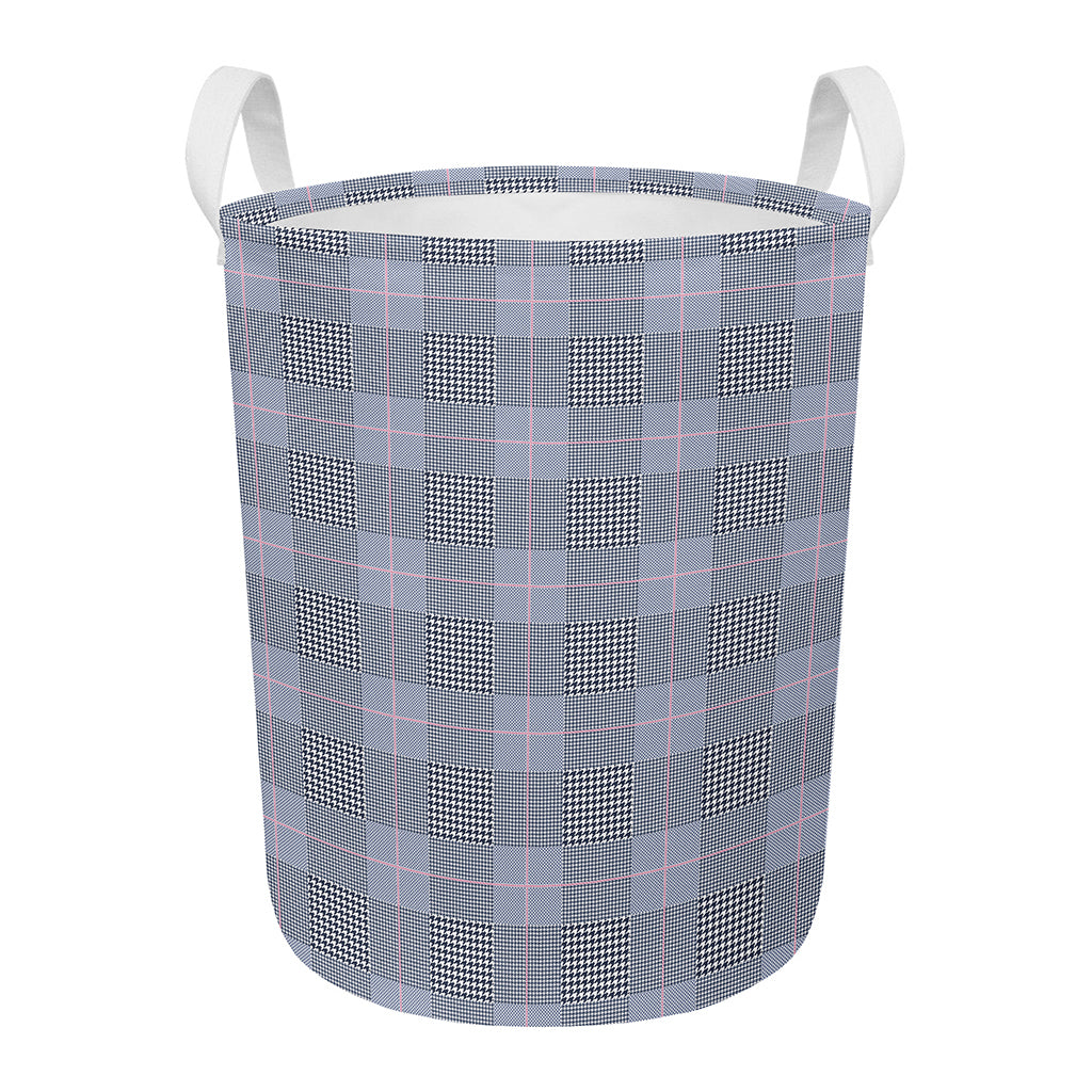 Navy Blue Prince of Wales Check Print Round Laundry Basket