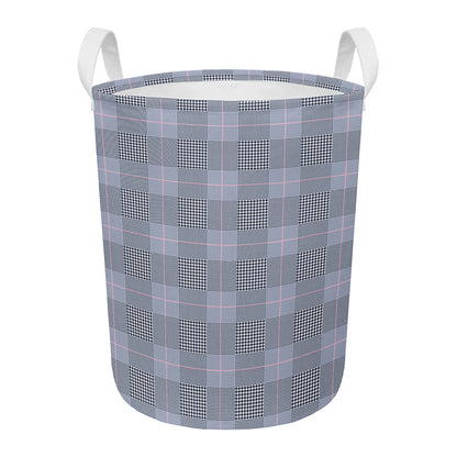 Navy Blue Prince of Wales Check Print Round Laundry Basket
