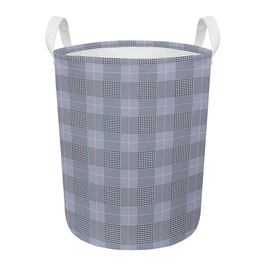 Navy Blue Prince of Wales Check Print Round Laundry Basket