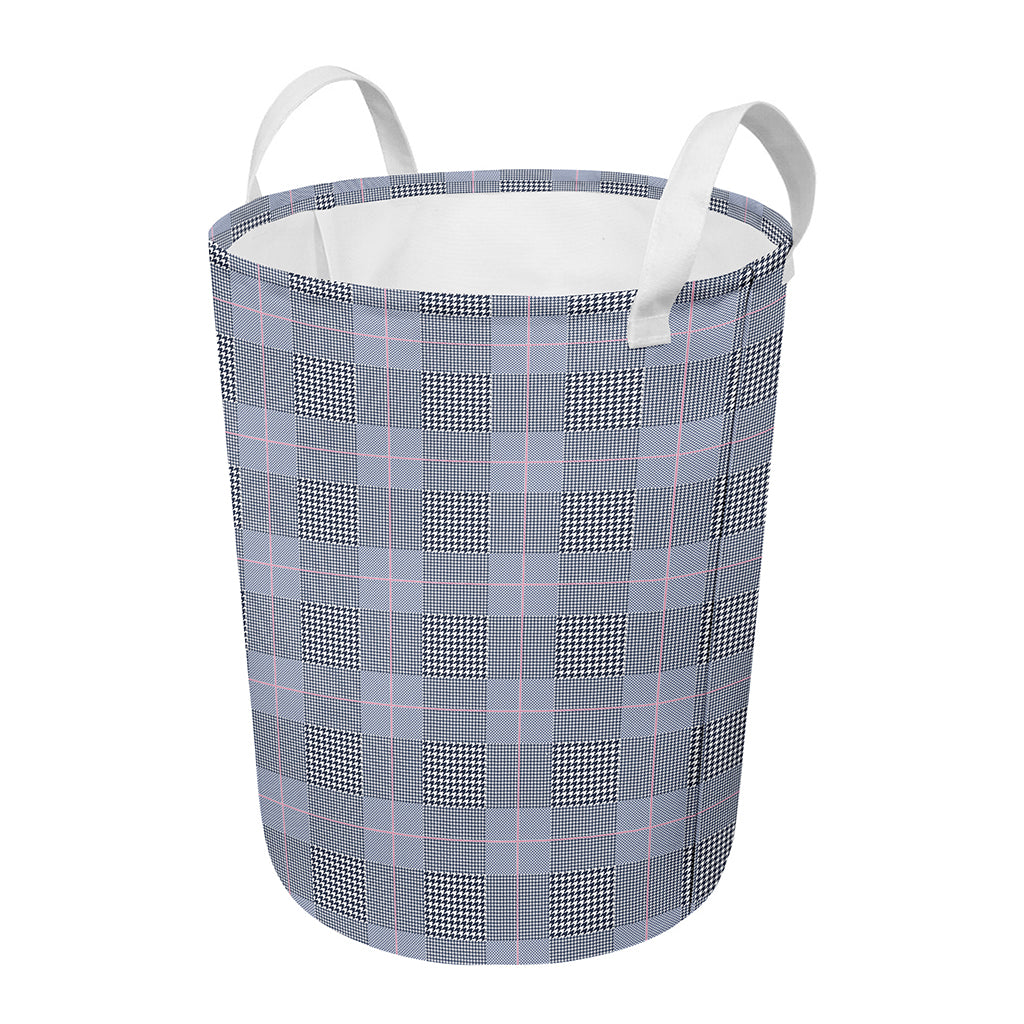 Navy Blue Prince of Wales Check Print Round Laundry Basket